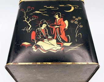 Vintage Japanese Tin Tea Canister, 1940s-1960s, Black with Red & Gold, Geishas, Cranes, Floral Design, Decorative Storage, Mid-Century Style