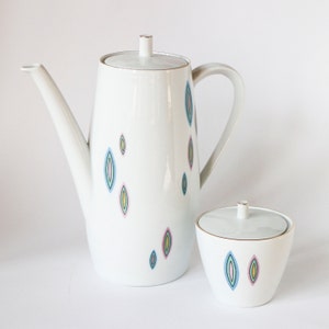 Coffee Pot + Lidded Sugar Bowl Set 50s Design Pastel Colors Gilded Porcelain