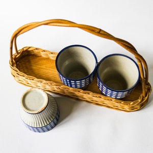 Vintage 70s 80s wicker basket tray with 3 ceramic mugs Perfect for your summer picnic in the garden or breakfast coffee cups image 5