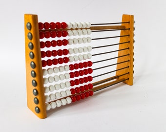 Vintage Abacus adding machine - Red and white beds on rows for learning to calculate - Wooden frame 60s 70s 80s school maths calculation