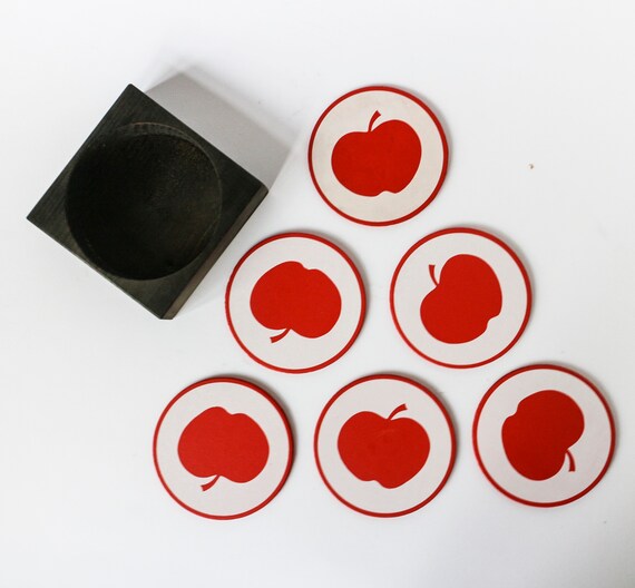 Set of 6 Vintage Apple Coasters - Round and Wooden With Red