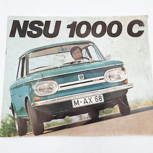 Vintage 1960s NSU 1000 C Sales Brochure – Rare German Car Collectible, Audi History, Automobile Advertising Rare Photos Technical Details