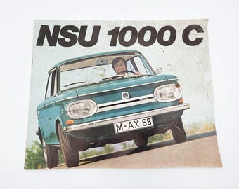 Vintage 1960s NSU 1000 C Sales Brochure – Rare German Car Collectible, Audi History, Automobile Advertising Rare Photos Technical Details