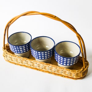 Vintage 70s 80s wicker basket tray with 3 ceramic mugs Perfect for your summer picnic in the garden or breakfast coffee cups image 2