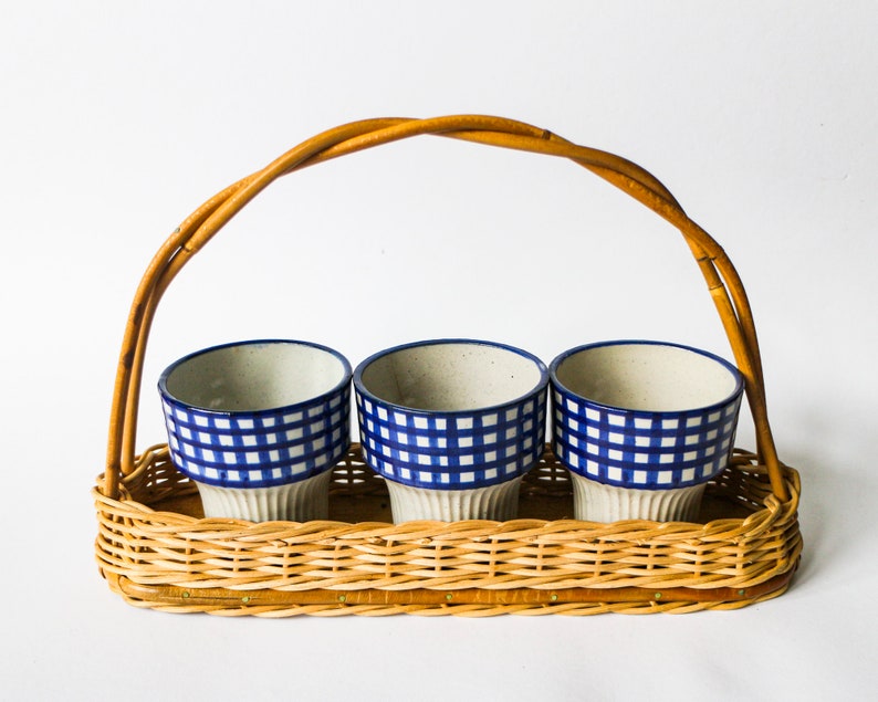 Vintage 70s 80s wicker basket tray with 3 ceramic mugs Perfect for your summer picnic in the garden or breakfast coffee cups image 1