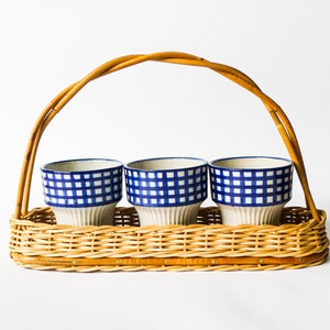 Vintage 70s 80s wicker basket tray with 3 ceramic mugs Perfect for your summer picnic in the garden or breakfast coffee cups image 4