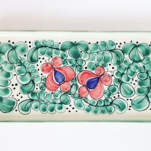 Platter Allgäuer Keramik Handpainted 1960s German Flower Pattern Bottle-Green Blue Red Bavaria