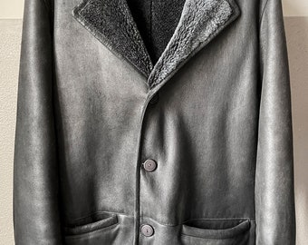 Black Shearling Leather Jacket, Men's Coat Lamb Hide and Fur