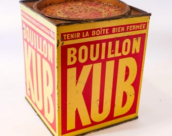 Vintage Bouillon KUB Tin 1950s from France – Square Yellow Red Storage Box with Patina & Charm, Mid-Century Retro Kitchen Decor, Collectible