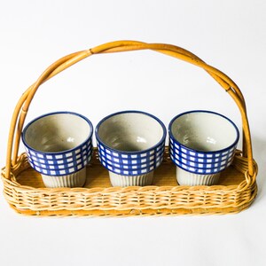 Vintage 70s 80s wicker basket tray with 3 ceramic mugs Perfect for your summer picnic in the garden or breakfast coffee cups image 6