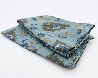 Vintage French Cotton Napkin, 1980s/1990s, Paisley Floral Nettle Design, Green & Blue, 100% Cotton, Square 36x36 cm, Rustic Tableware, Decor