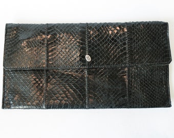 Embrague de bolso de cuero piel de serpiente - Vintage elegante 70s 80s negro bolsa de mano de lujo, posiblemente piel de serpiente falsa JD
