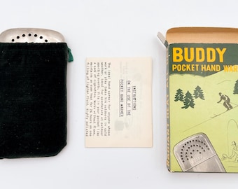 Vintage 1950s Japanese 'Buddy' Pocket Warmer – Original Box, Pouch & Instructions - Midcentury Outdoor Metal Gear for Winter Comfort
