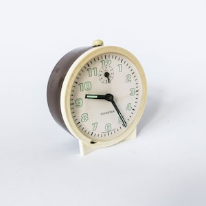 Alarm Clock - Vintage 70s 60s German design - Brown beige and white with glow in the dark display - Dugena