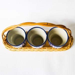 Vintage 70s 80s wicker basket tray with 3 ceramic mugs Perfect for your summer picnic in the garden or breakfast coffee cups image 3