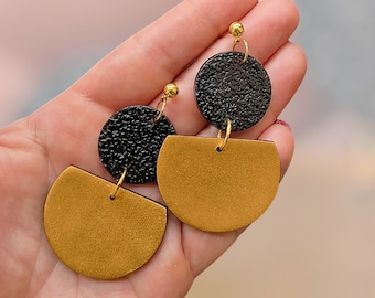 Black and Gold earrings Dangle, Geometric Modern earrings, Large Minimalist earrings, Statement Polymer clay earrings Textured, Unique Gifts