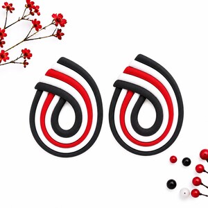 Art Deco Polymer Clay Stud Earrings, Statement Funky Quirky Jewelry,  Retro Geometric Studs, Black White Red