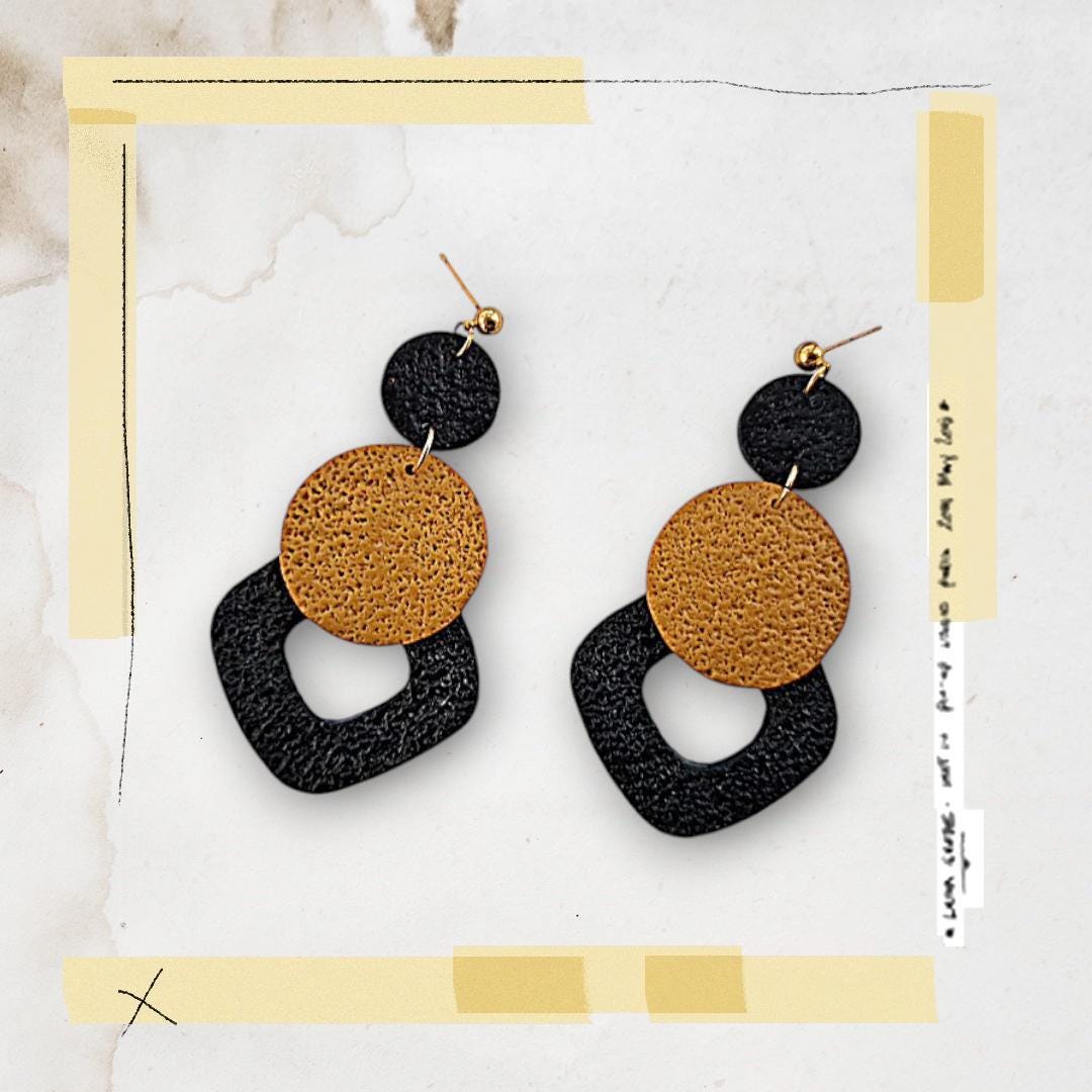 Handmade Mustard Yellow & Black Geometric Earrings – Polymer Clay Statement Jewelry – Bold Textured Dangle Earrings – Gift for Her Birthday