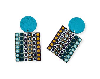 Pendientes colgantes geométricos de arcilla polimérica: joyería retro de los años 60.