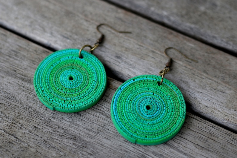 Geometric Pendant earrings Modern Polymer clay earrings Bohemian earrings Drop Round Drop Dangle earrings Green earrings Dangle