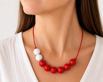Modern Minimalist Chunky Necklace, Red White Polymer Clay Beaded Jewelry, Unique Statement Gifts
