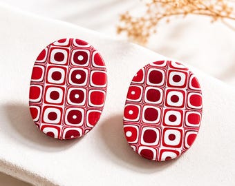 Pendientes de botón rojos llamativos, joyería geométrica retro, regalos minimalistas de arcilla polimérica.