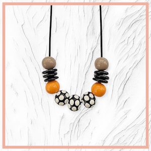 Chunky Modern Minimalist Necklace, Black White Polka Dot Jewelry, Orange Polymer Clay Beaded Necklace, Artistic Wearable Gift for Women