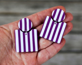 Purple and White Earrings, Striped Earrings Polymer clay, Statement Earrings Lightweight, Big Large Earrings, Post Earrings Dangle