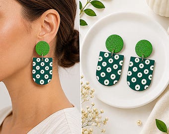 Green White Polka Dot Polymer Clay Earrings, 60s Retro Statement Dangles, Handmade Quirky Jewelry