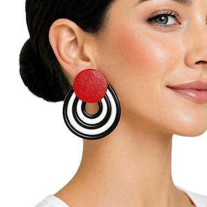 Statement Stud Earrings, Art Deco Geometric Studs, Large Black and White Polymer Clay Jewelry