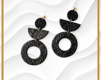 Black earrings for Women, Long Dangle Drop earrings, Polymer clay earrings Handmade, Geometric Statement earrings, Birthday Gifts for Her