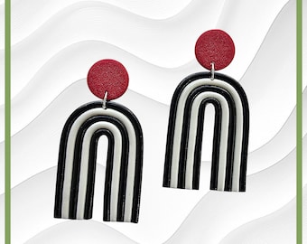 Black and White Stripe Earrings – Modern Geometric Dangle Earrings, Minimalist Polymer Clay Jewelry, Art Deco Statement Earrings