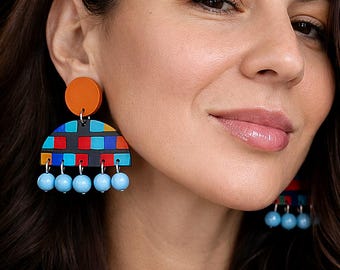 Kleurrijke funky statement-oorbellen, abstracte polymeerklei-sieraden, retro geometrische cadeaus jaren 60