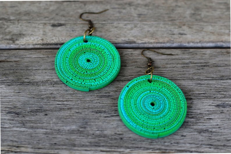 Geometric Pendant earrings Modern Polymer clay earrings Bohemian earrings Drop Round Drop Dangle earrings Green earrings Dangle