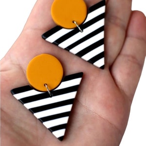 Bold Triangle Earrings – Black & White Striped Polymer Clay Earrings – Mustard Yellow Geometric Statement Earrings – Retro Mod Jewelry