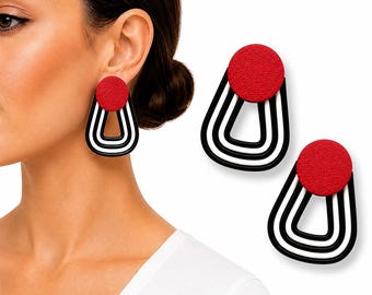 Oversized Geometric Statement Studs, Black White Art Deco Earrings, 80s Retro Polymer Clay Gifts