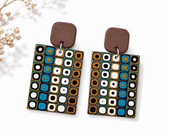 Abstracte geometrische hangende oorbellen, retro statement sieraden, handgemaakte cadeaus van polymeerklei