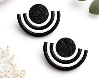 Black White Geometric Stud Earrings, Art Deco Statement Jewelry, Modern Polymer Clay Studs