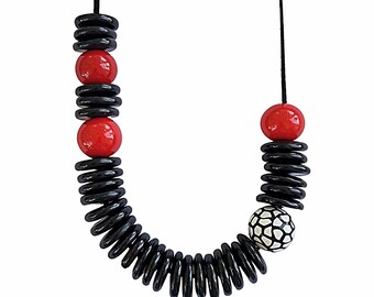 Handmade Polymer Clay Statement Necklace: Black, Red, and Geometric