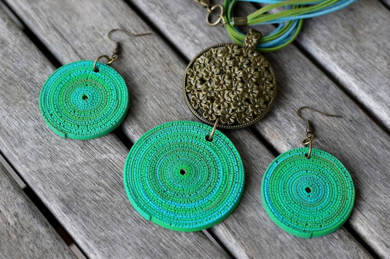 Geometric Pendant earrings Modern Polymer clay earrings Bohemian earrings Drop Round Drop Dangle earrings Green earrings Dangle