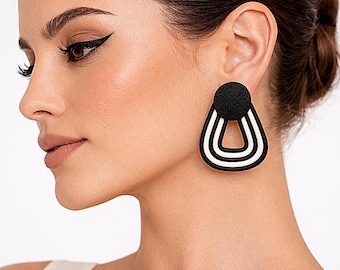 Black and White Geometric Earrings, Polymer Clay Statement Studs, Unique Birthday Gifts