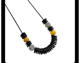 Black & Yellow Beaded Necklace: Chunky Polymer Clay Statement Jewelry