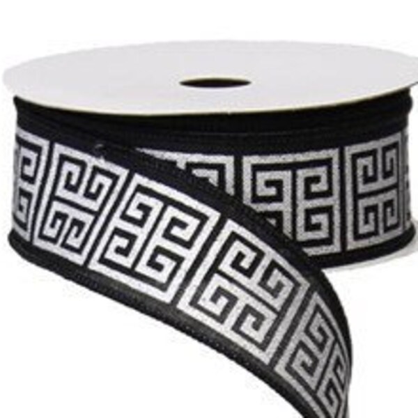 CLEARANCE One Roll / Spool 1.5" wide x 10 yards Wired Edge Ribbon Black & Silver Greek Key Design- Wreaths - Swags - Bows - Packages - Trim