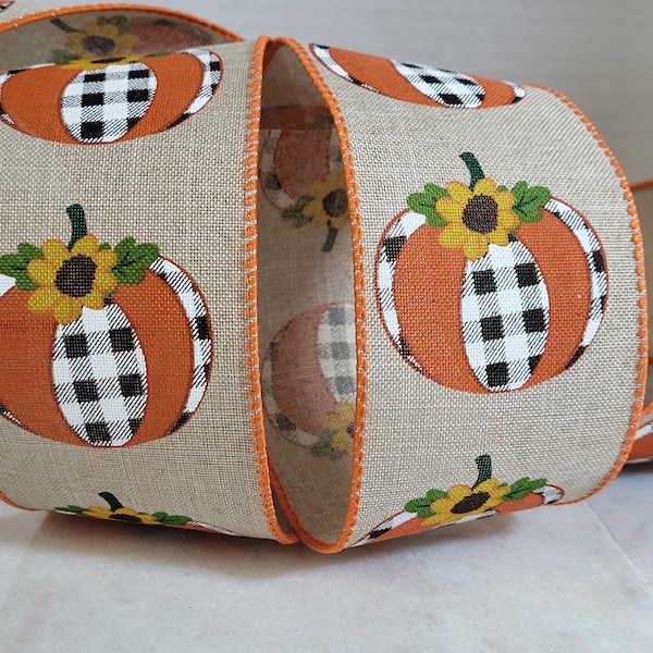 5 Yards Burlap/Linen Look wired edge ribbon  2 1/2" wide Tan with Pumpkins Orange and Buffalo Check Harvest Fall Thanksgiving