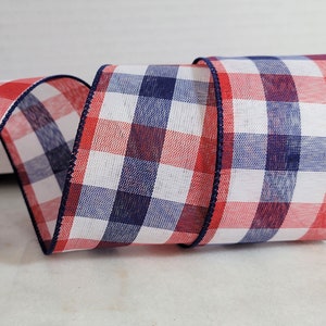 5 Yards Red White and Blue Check Wired Edge Ribbon 2 1/2" Wide  Wreaths Decor Swag Summer Bows Embellishment Packages Patriotic