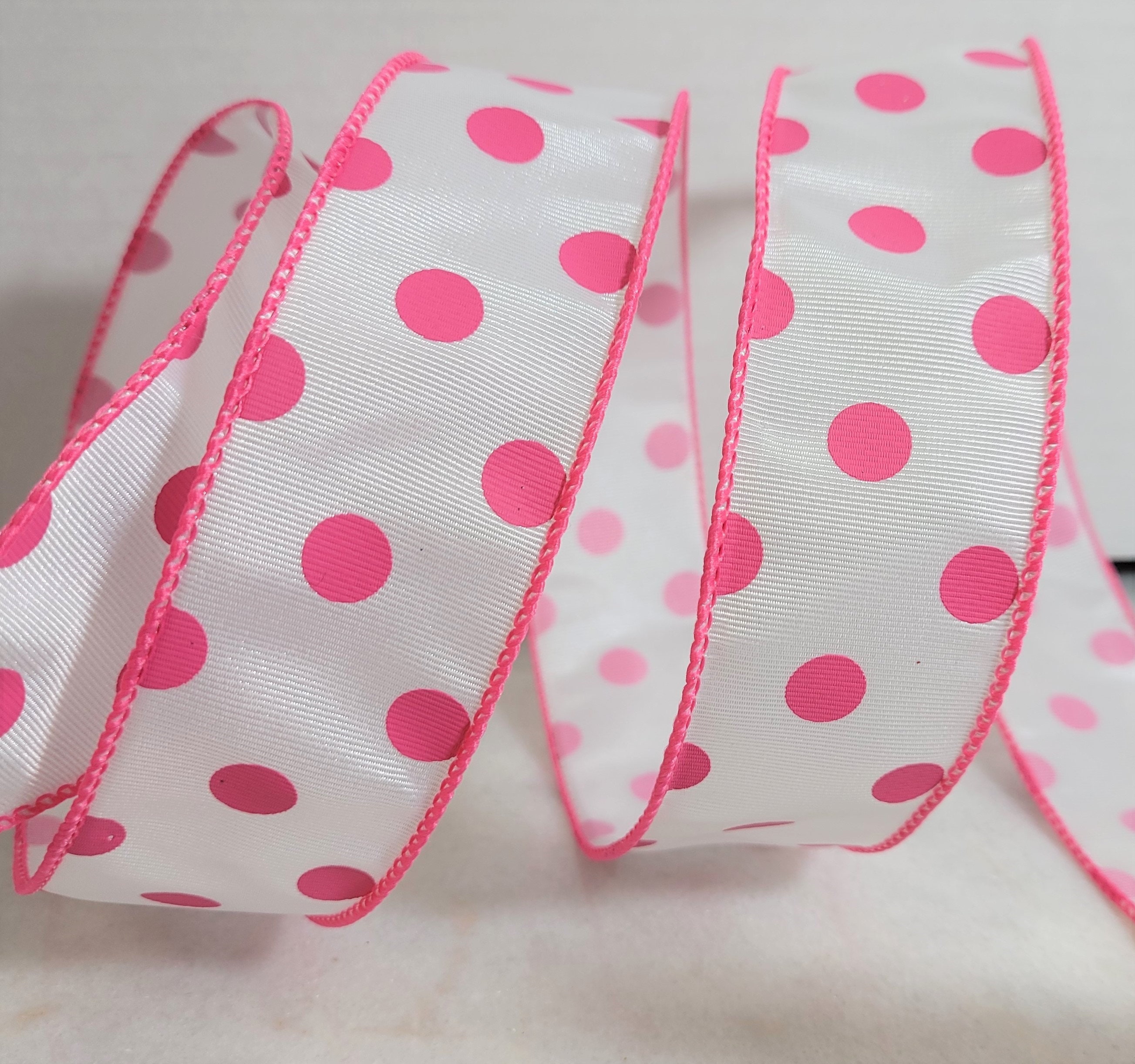 Satin Polka Dot Ribbon Wired Pink with White Dots ( W: 1 - 1/2 inch | L: 10 Yards )