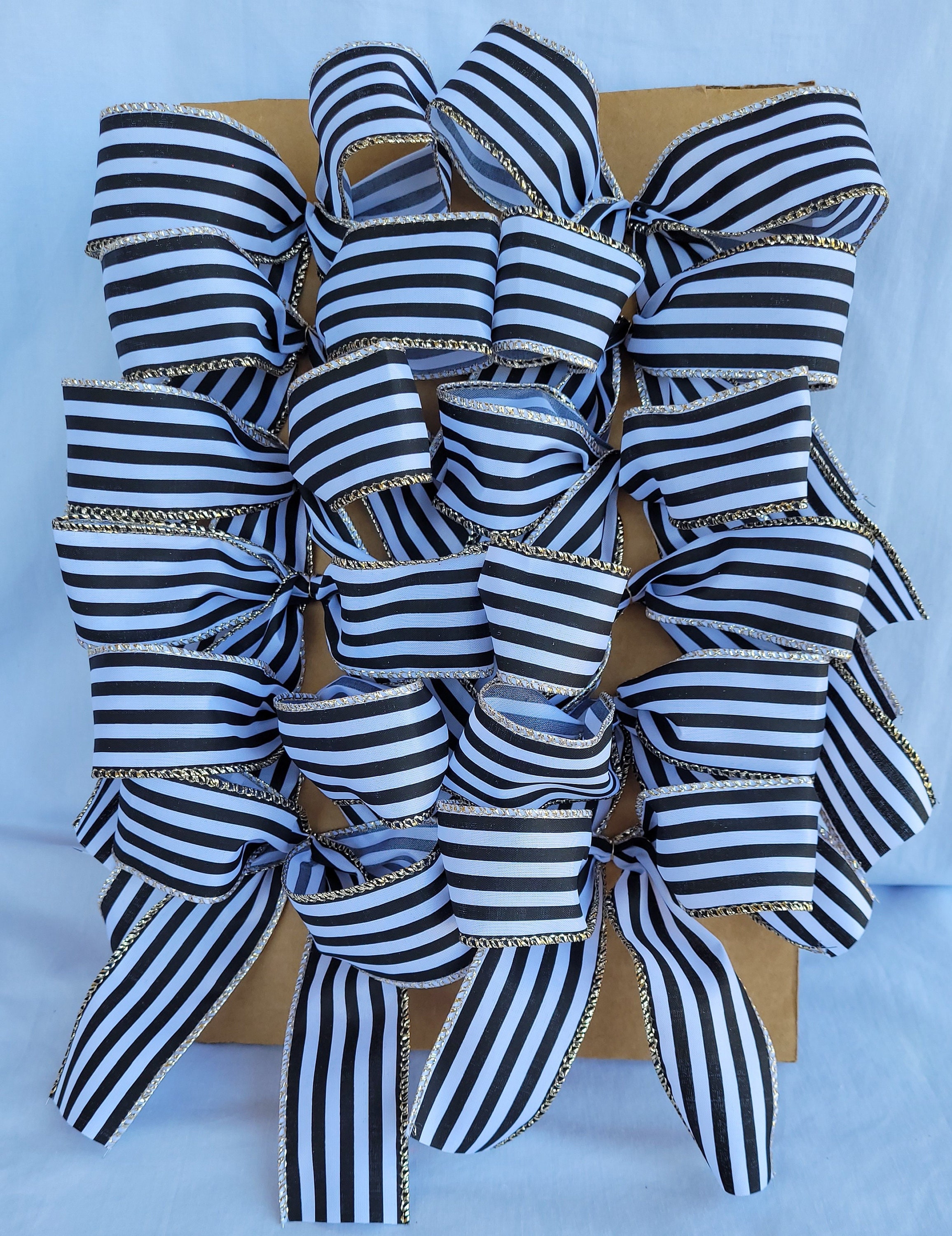 Set of 12 (Twelve) Handmade Bows Small White and Black Stripes for Your Christmas Tree - Package - Lantern - Decorative Bows - Small Bows