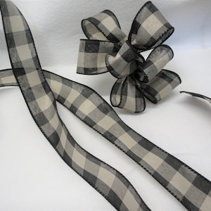 10 Yards Natural Tan and Black Checked Wired Edge Ribbon- 1 1/2&quot; wide  Farmhouse - Rustic - Shabby
