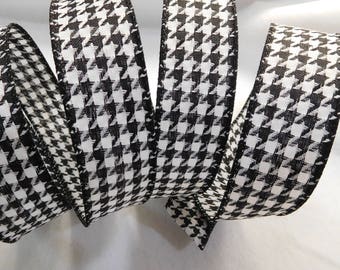 5 Yards Black and White Houndstooth Woven Ribbon - 1 1/2&quot; Wide Wired Edges - Alabama Christmas Football Checked