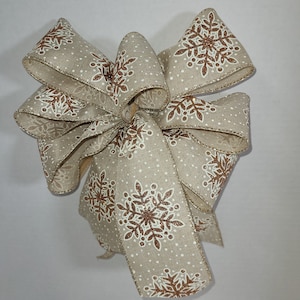 SALE Set of Two Christmas Wreath Bow, Lantern Bow, Swag Bow, Linen Look with Gold Snowflake Design Christmas Tree Bow, Packages